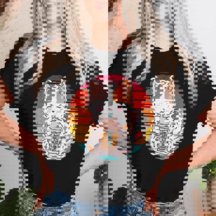 かわいい猫 ボバ ティーバブル アニメ 日本猫 女の子 ティーン レディースTシャツ 彼女への贈り物