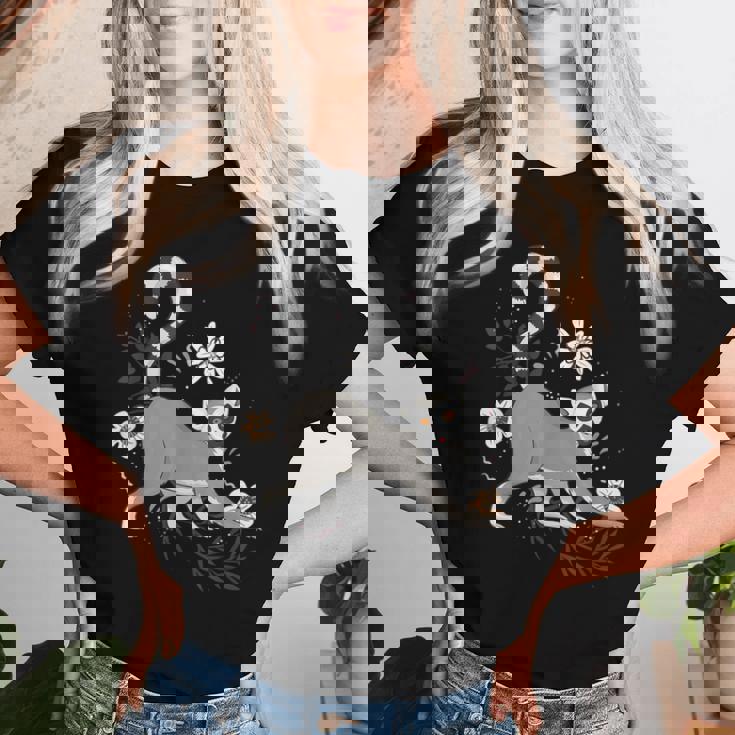 かわいい花 面白い動物キツネザル レディースTシャツ 彼女への贈り物