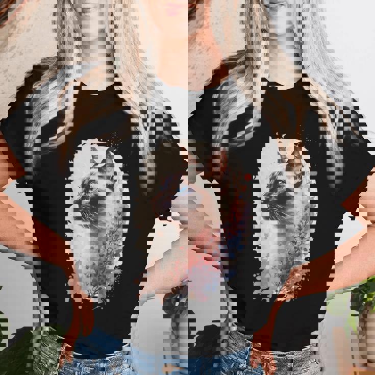 シャム猫 日本の桜 花柄 水彩 猫 レディースTシャツ 彼女への贈り物