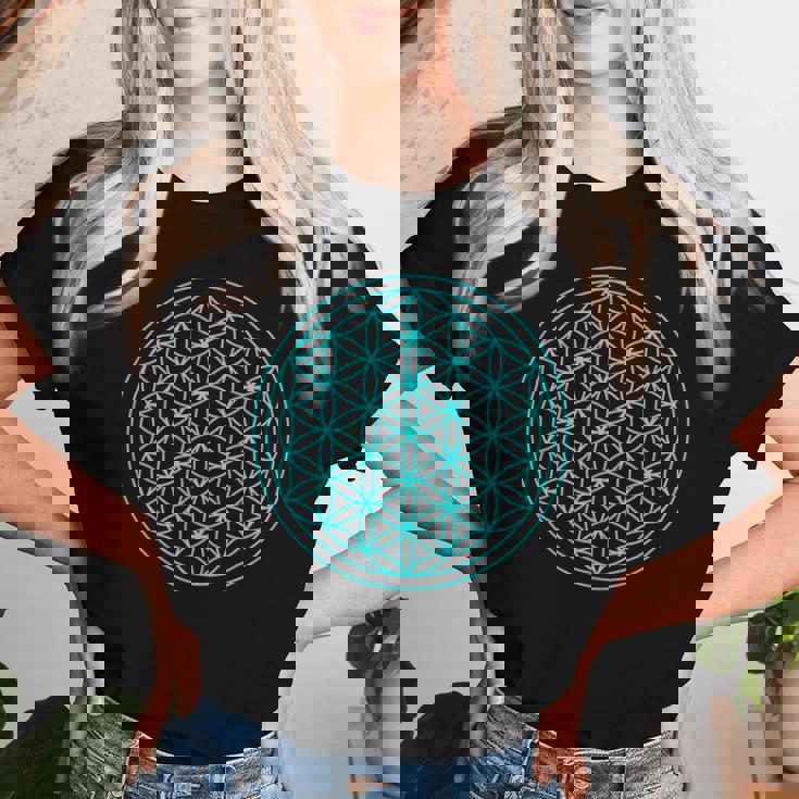 スピリチュアルセイクリッドジオメトリ 生命の花 ブルー レディースTシャツ 彼女への贈り物