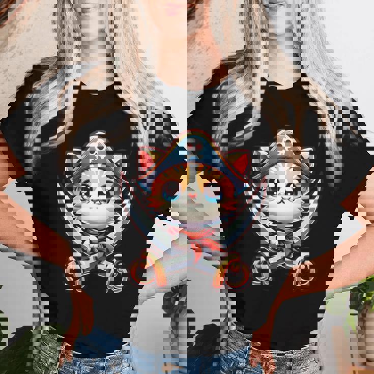 猫 海賊 キャプテントーク 海賊の日 幼児 女の子 男の子 レディースTシャツ 彼女への贈り物