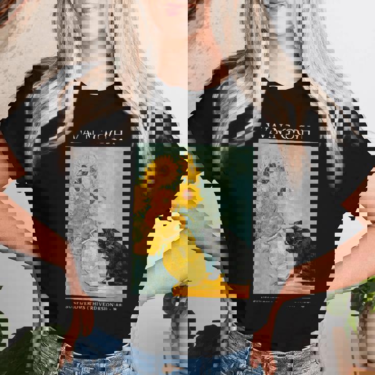 面白いゴッホ風変わりな猫とひまわりの花瓶パロディアート レディースTシャツ 彼女への贈り物