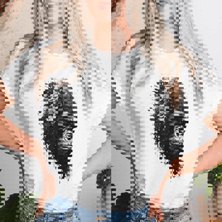 Gorilla Flowers モンキーアニマルプリントアート ゴリラ レディースTシャツ 彼女への贈り物