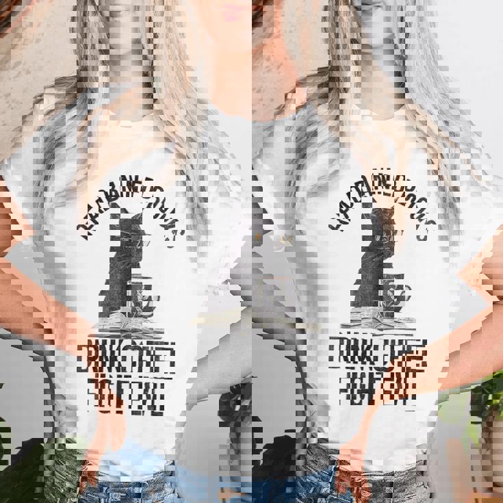 Read Banned Books Drink Coffee Fight Evil Black Cat Women T-shirt Gifts for Her