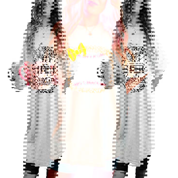 Little Sister Biggest Fan Softball Bow Catcher N Girl Mom Women's Oversized Comfort T-shirt