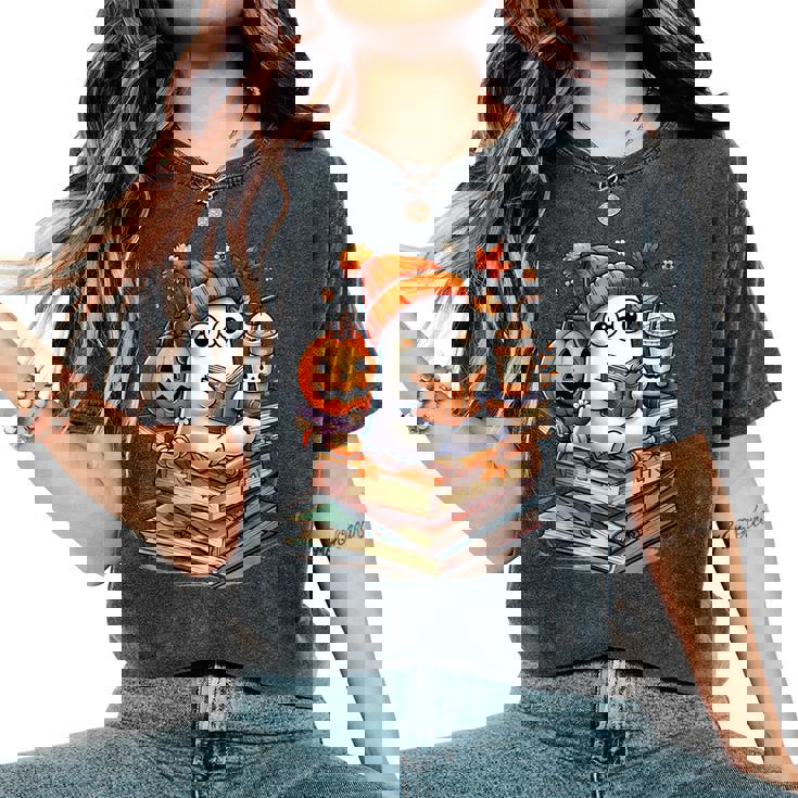 Cute Ghost Reading Book Lovers Autumn Fall Halloween Ghost Women's Oversized Comfort T-Shirt