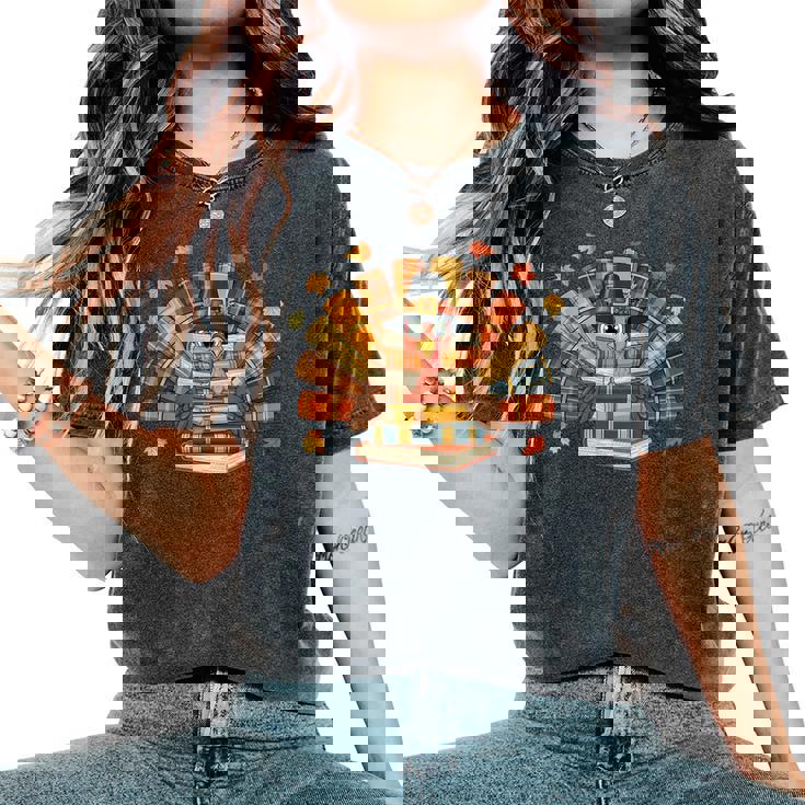 Thanksgiving Turkey Reading Book Fall Season Teacher Costume Women's Oversized Comfort T-Shirt