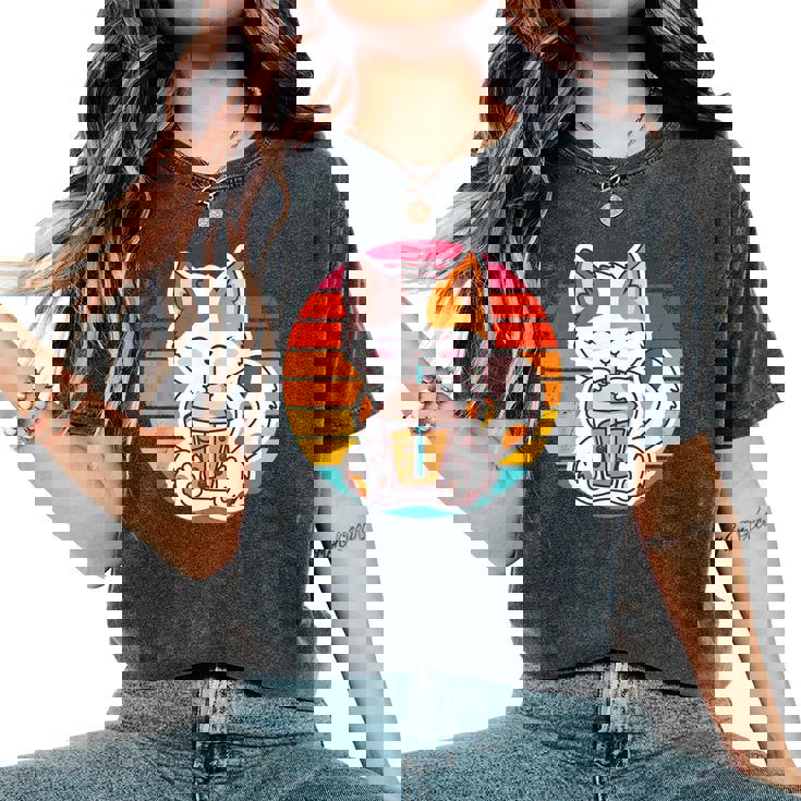 かわいい猫 ボバ ティーバブル アニメ 日本猫 女の子 ティーン レディースオーバーサイズコンフォートTシャツ