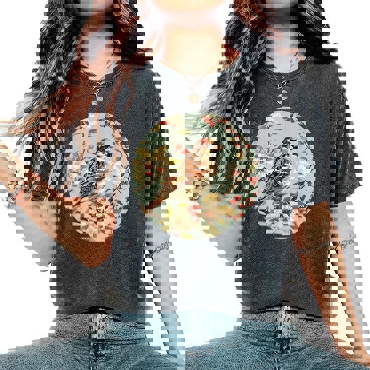 かわいい花のスズメの花の家のスズメ。 レディースオーバーサイズコンフォートTシャツ