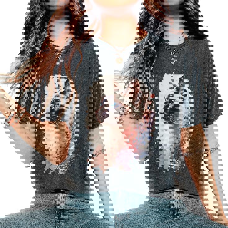 シャム猫 日本の桜 花柄 水彩 猫 レディースオーバーサイズコンフォートTシャツ