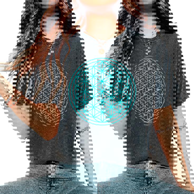 スピリチュアルセイクリッドジオメトリ 生命の花 ブルー レディースオーバーサイズコンフォートTシャツ