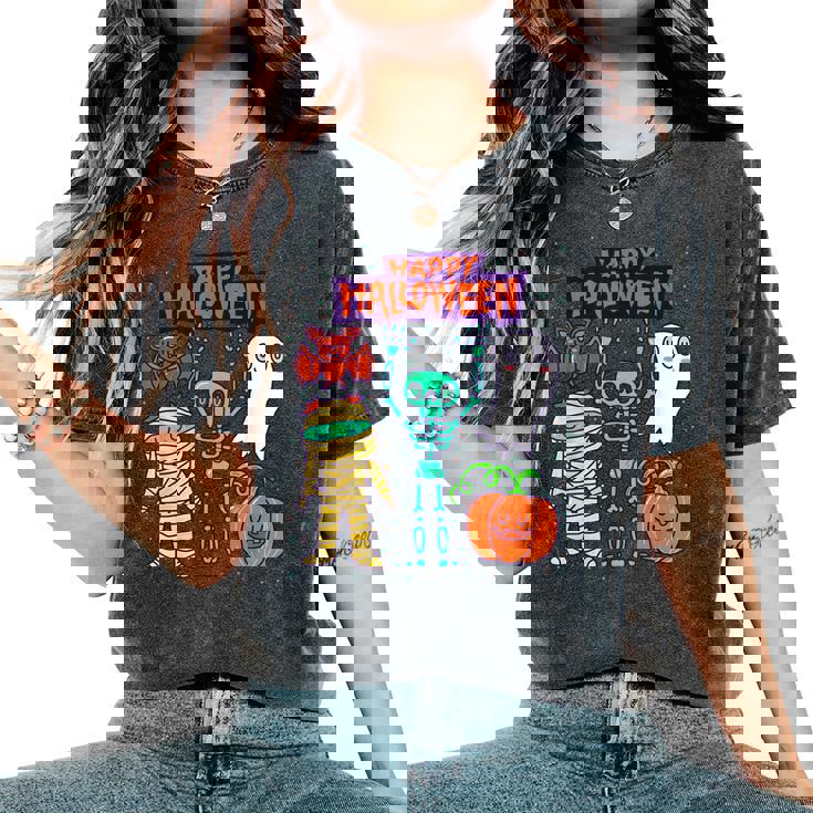 ハッピーハロウィン骨格かぼちゃかわいいゴーストキッズ男の子女の子 レディースオーバーサイズコンフォートTシャツ