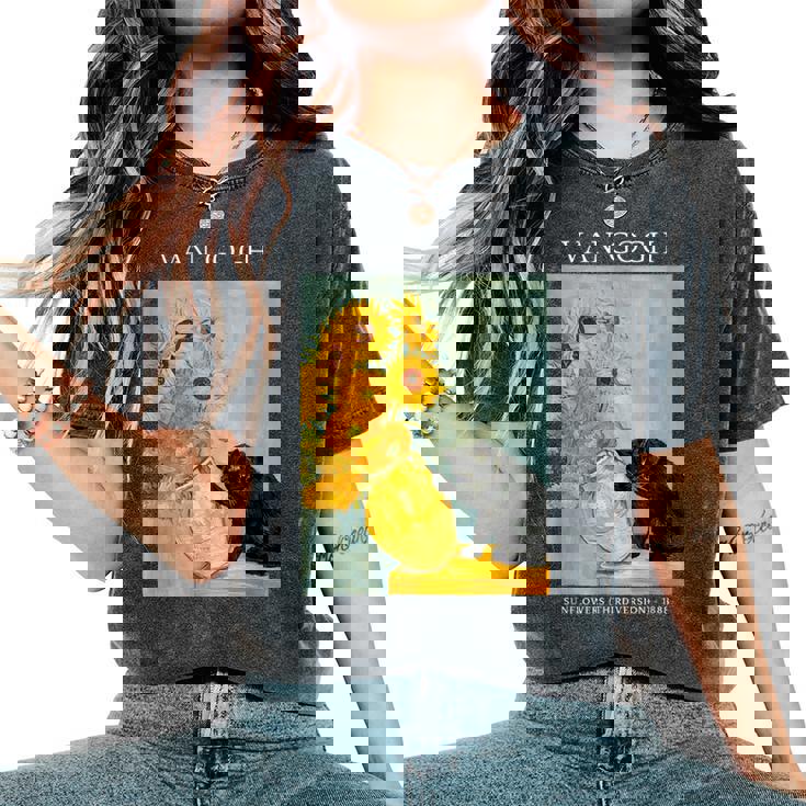 面白いゴッホ風変わりな猫とひまわりの花瓶パロディアート レディースオーバーサイズコンフォートTシャツ