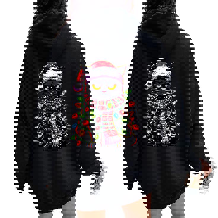 Brontolo Gatto Neroestito Natale Gatto Papà Mamma Natale Felpa con cappuccio oversize da donna con stampa posteriore