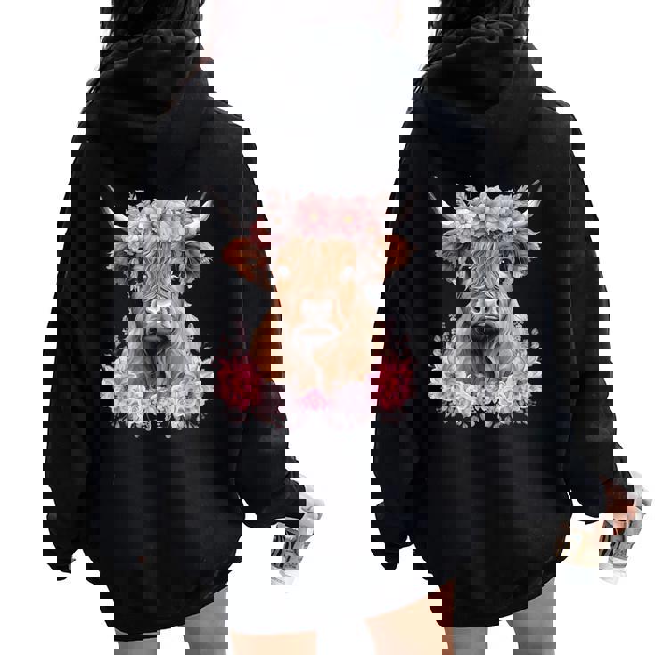 Cute Baby Highland Cow With Flowers Calf Animal Cow Women Women Oversized Hoodie Back Print