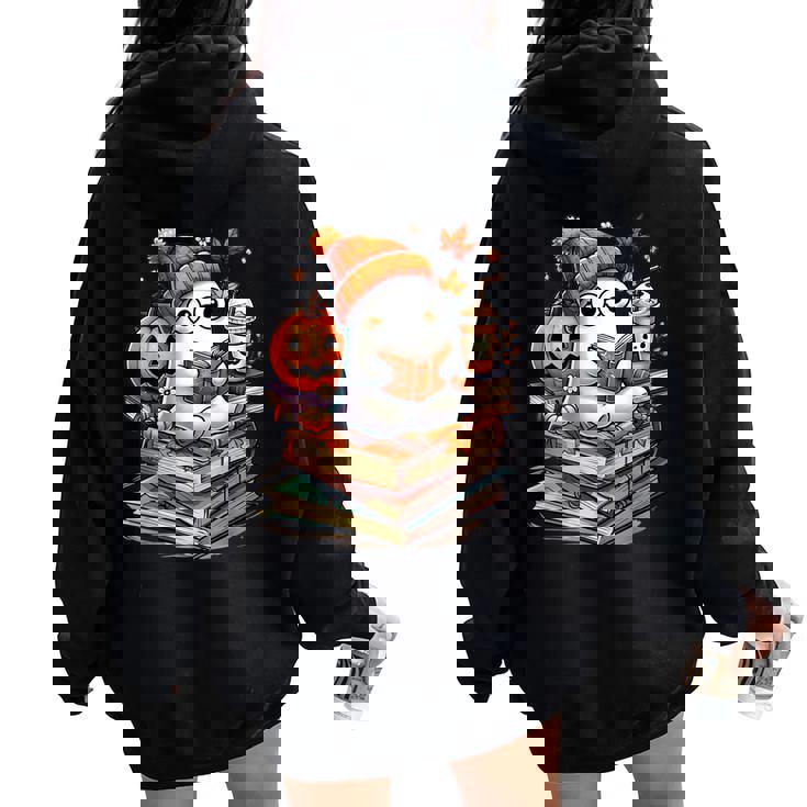 Cute Ghost Reading Book Lovers Autumn Fall Halloween Ghost Women Oversized Hoodie Back Print