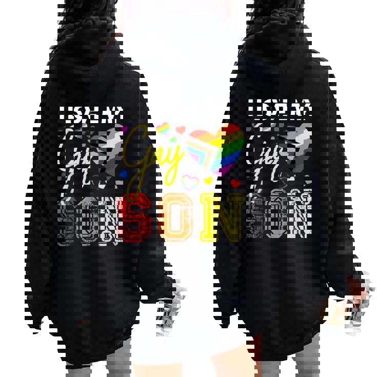 Io Amo Il Mio Gay Figlio Lgbt Orgoglio Mamma Papà Felpa con cappuccio oversize da donna con stampa posteriore