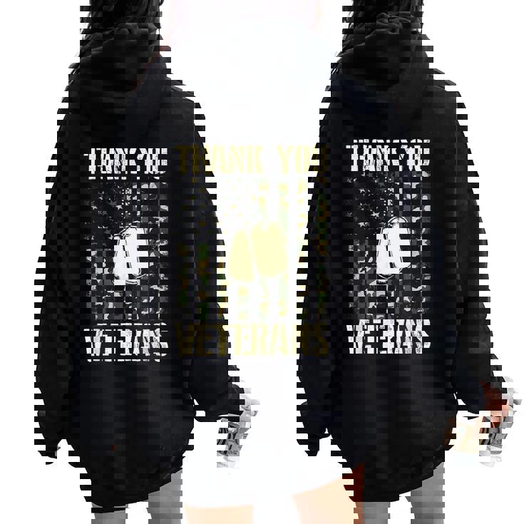 Thank You Veterans Patriotic Dog Tag American Flag Women Women Oversized Hoodie Back Print