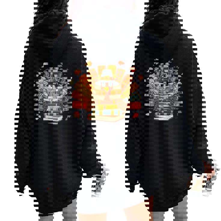 Thanksgiving Turkey Reading Book Fall Season Teacher Costume Women Oversized Hoodie Back Print