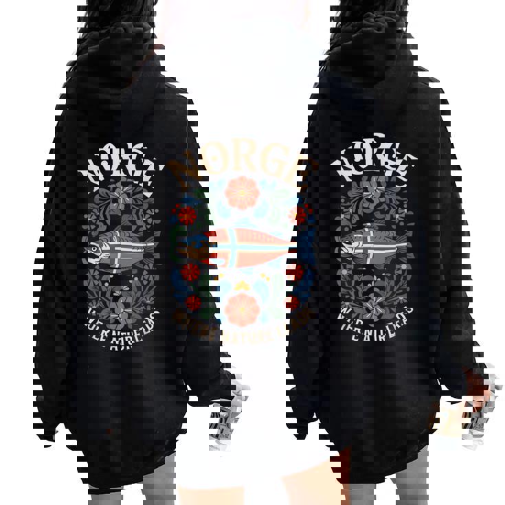 サーモン ノルウェー Rosemaling 花柄 フィヨルド 自然 Norge レディース オーバーサイズ パーカー バックプリント