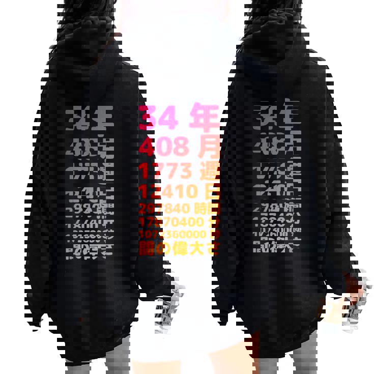 面白い34歳の誕生日の古いメーター 面白い34歳のギフト 女性 男性 面白い電卓 34歳の誕生日のギフト レディース オーバーサイズ パーカー バックプリント