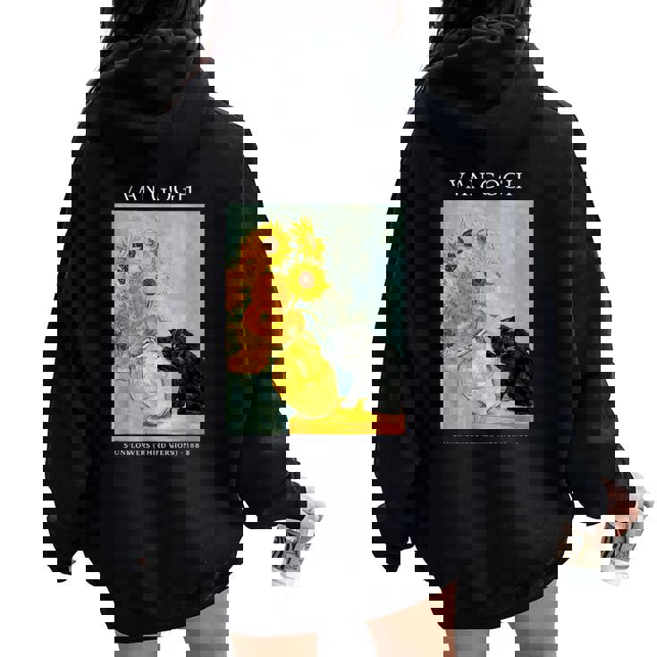 面白いゴッホ風変わりな猫とひまわりの花瓶パロディアート レディース オーバーサイズ パーカー バックプリント