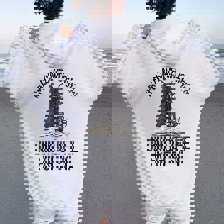 Read Banned Books Drink Coffee Fight Evil Black Cat Women Oversized Hoodie Back Print