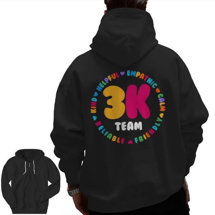 3K Team & Teacher Squad Threes Crew PreK Elementary Team Men Zip Up Hoodie Back Print