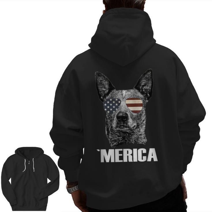 4th July Blue Heeler Dog Merica Patriotic USA Flag Cute Men Zip Up Hoodie Back Print