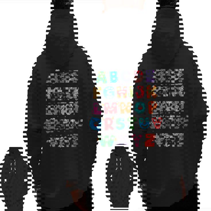 ABC Cute Monster Alphabet Halloween Teacher Costume Kids Men Zip Up Hoodie Back Print