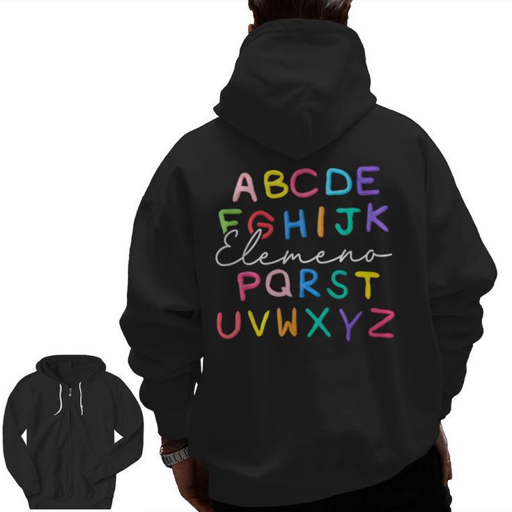 ABC Elemeno Kindergarten Teacher Boy Girl Kid Back To School Men Zip Up Hoodie Back Print