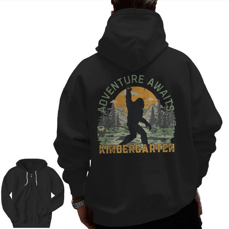 Adventure Awaits Bigfoot Teacher Kindergarten Back To School Men Zip Up Hoodie Back Print