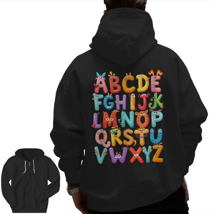Alphabet A-Z ABC Kids Back To School Pre K Teachers Men Zip Up Hoodie Back Print