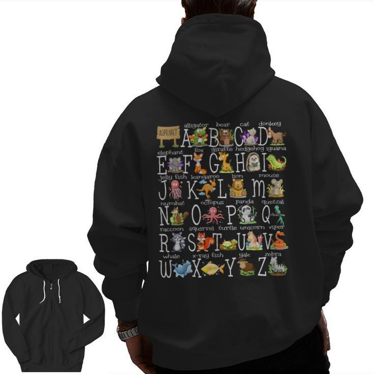 Alphabet Animals Back To School Pre-K Kindergarten Teacher Men Zip Up Hoodie Back Print