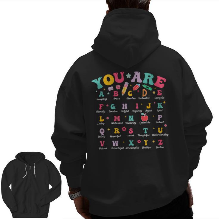 Alphabet Positive Affirmations Back To School Teacher Men Zip Up Hoodie Back Print