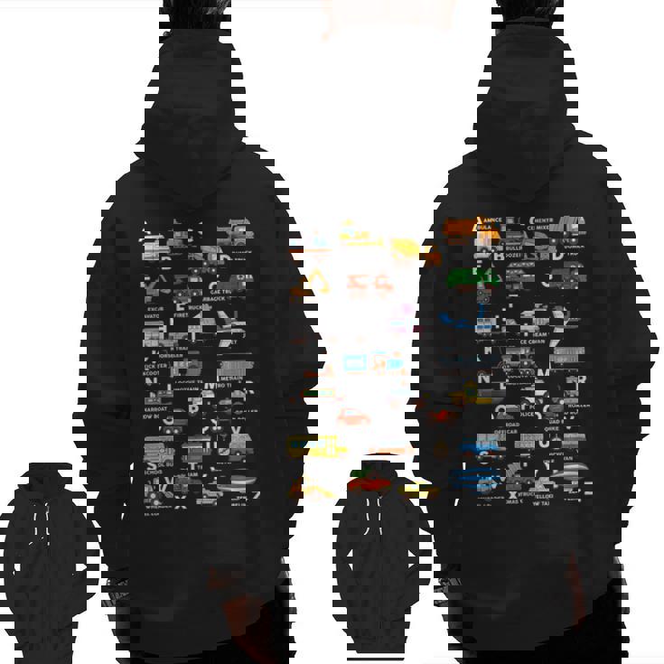 Alphabet Vehicles ABCs Learning Teachers Kids Boys Girls Men Zip Up Hoodie Back Print