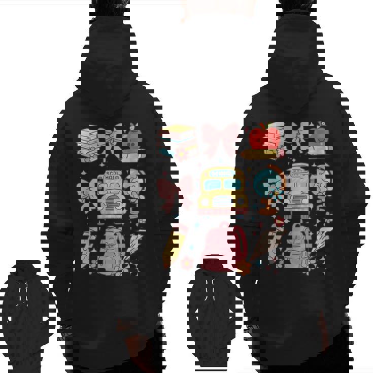 Back To School Coquette Teacher Women Girl Kindergarten PreK Men Zip Up Hoodie Back Print