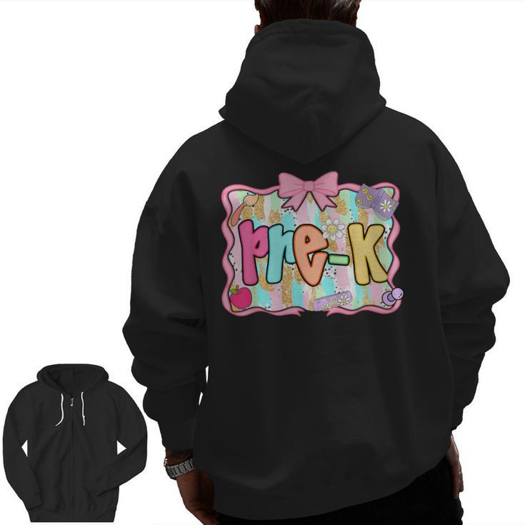 Back To School Pre-K Preppy Teacher Girl Men Zip Up Hoodie Back Print