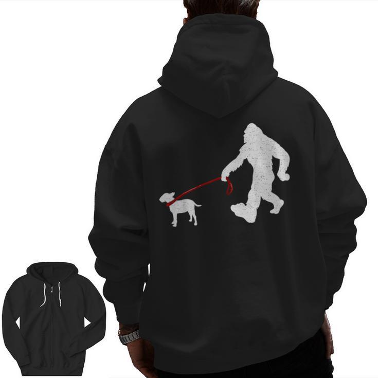 Bigfoot Walking With Bull Terrier Dog Men Zip Up Hoodie Back Print