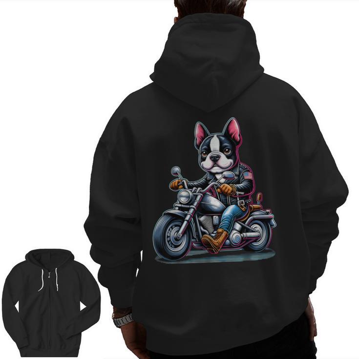 Biker Boston Terrier Dog Riding Motorbike Men Zip Up Hoodie Back Print