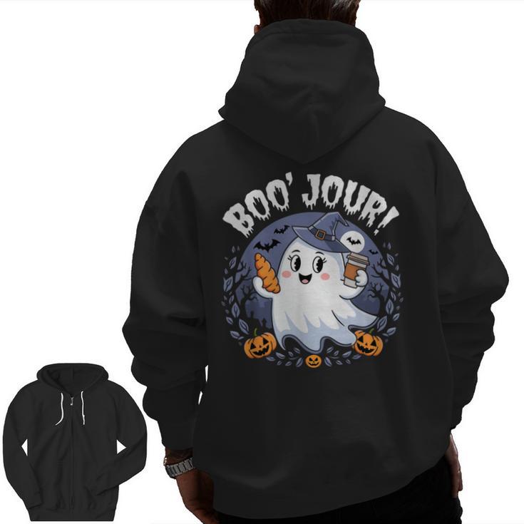Boo Jour Ghost Halloween French Teacher Cute Coffe Croissant Men Zip Up Hoodie Back Print