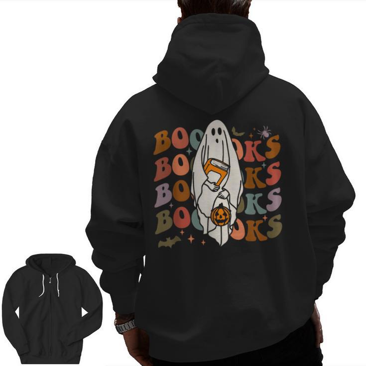 Booooks Ghost Halloween Groovy Vintage Teacher Book Reading Men Zip Up Hoodie Back Print