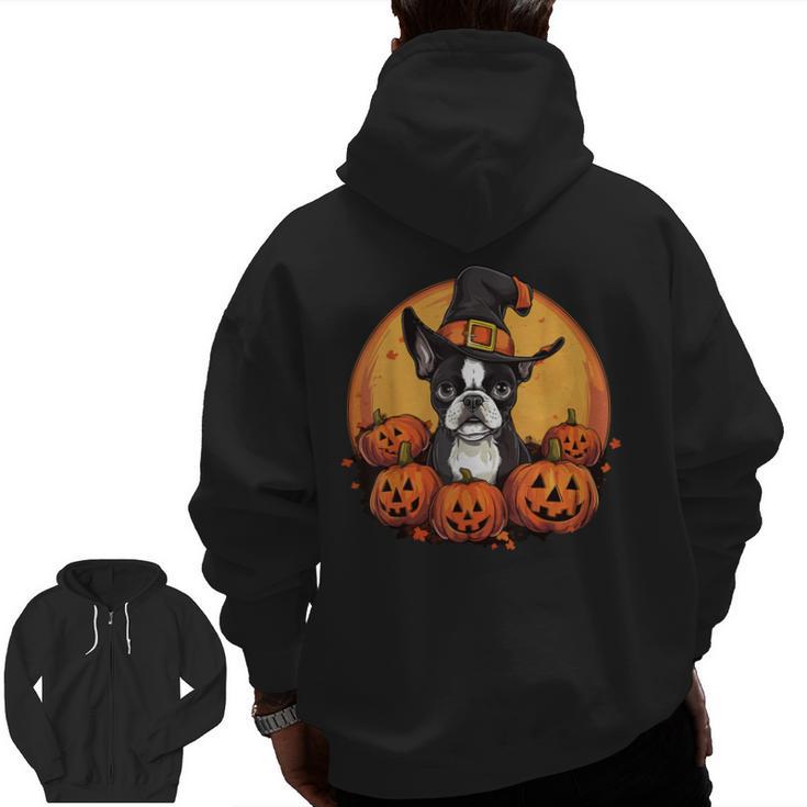 Boston Terrier Bostie Dog Breed Pet Halloween Pumpkins Men Zip Up Hoodie Back Print