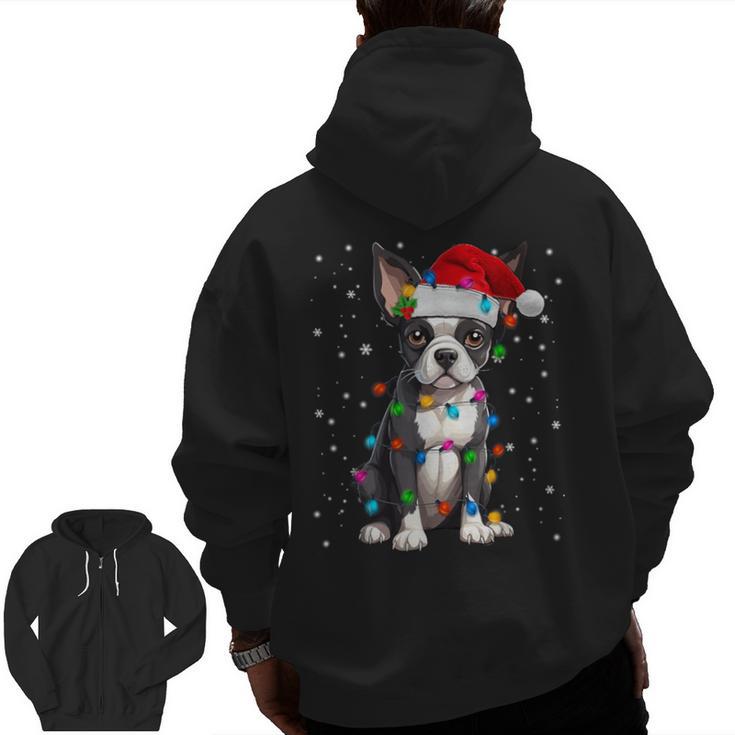 Boston Terrier Christmas Santa Hat Tree Lights Pajama Men Zip Up Hoodie Back Print