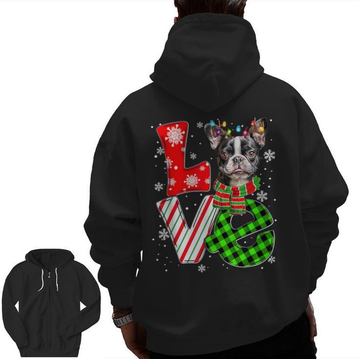 Boston Terrier Christmas Tree Lights Santa Dog Xmas For Men Women Kids Men Zip Up Hoodie Back Print