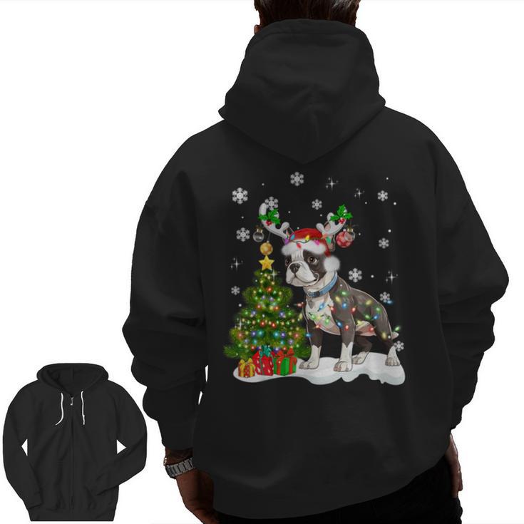 Boston Terrier Christmas Tree Lights Santa Hat Men Zip Up Hoodie Back Print