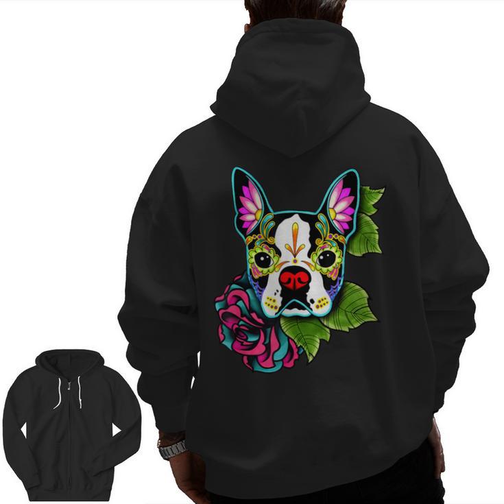 Boston Terrier In Day Of The Dead Sugar Skull Dog Men Zip Up Hoodie Back Print