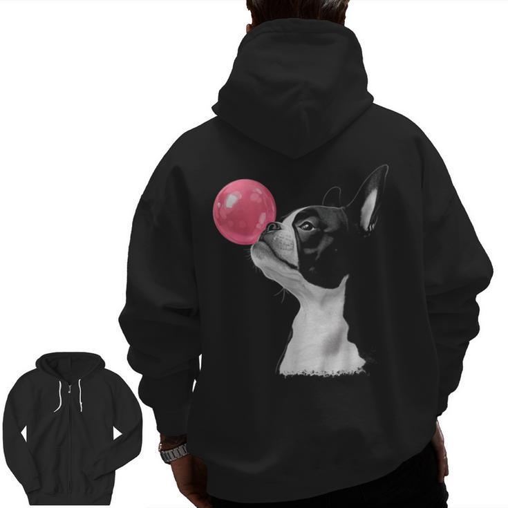 Boston Terrier Dog Blowing Chewing Bubble Gum Pink Men Zip Up Hoodie Back Print