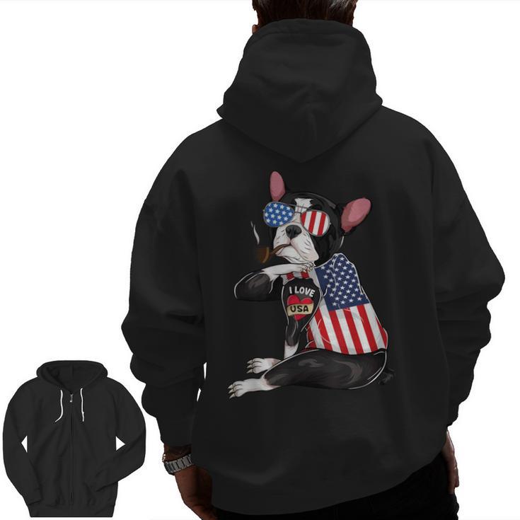 Boston Terrier Dog Merica 4th Of July Usa American Flag Men Men Zip Up Hoodie Back Print