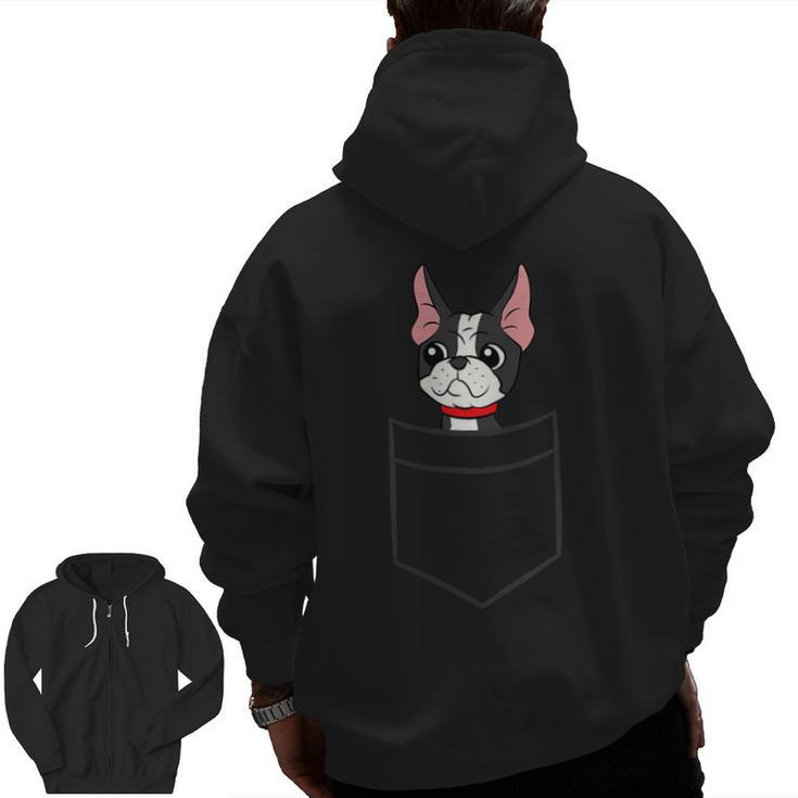 Boston Terrier Dog In The Pocket Boston Terrier For Men Women Girls Kids Men Zip Up Hoodie Back Print